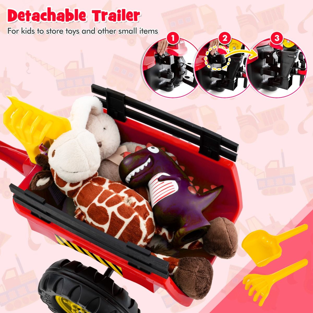 Coast Kinderzittractor - 3-in-1 graafmachine met afneembare aanhanger - 6 wielen - rood