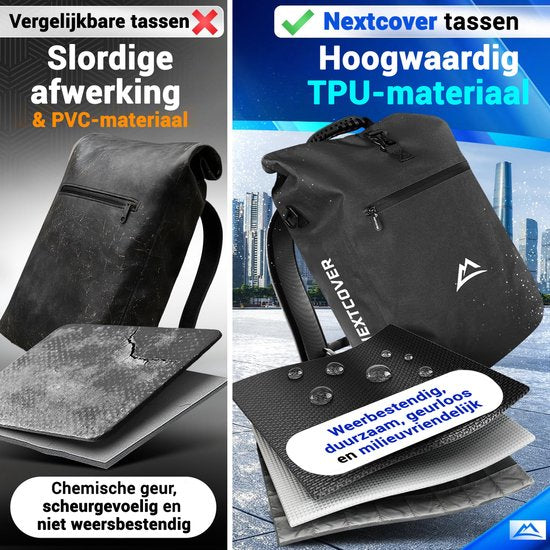 Nextcover 3in1 Fietstas Enkel voor Bagagedrager [PVC vrij] | Waterdichte Fietstas, Rugzak en Schoudertas 25L | Ideaal voor Laptop en Wekelijkse Aankopen | Fiets Tas Enkele | Fietstassen