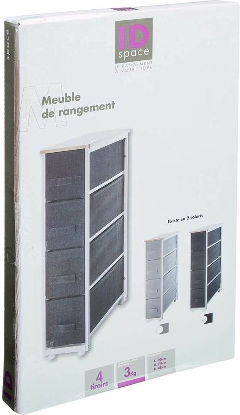 5Five Opbergmandkastje/badkamerkast - 4x manden - 20 x 48 x 77 cm - metaal/hout/stof - donkergrijs