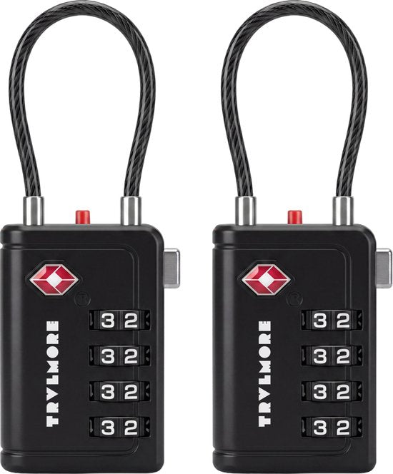 TRVLMORE Kofferslot met Kabel - TSA Gecertificeerd - Alarmfunctie - 4-Cijferig - 2 Stuks - Zwart