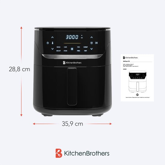 KitchenBrothers Airfryer XL - 5L - 1500W - Heteluchtfriteuse - 80ºC tot 200ºC - 8 Kookprogramma's - Zwart
