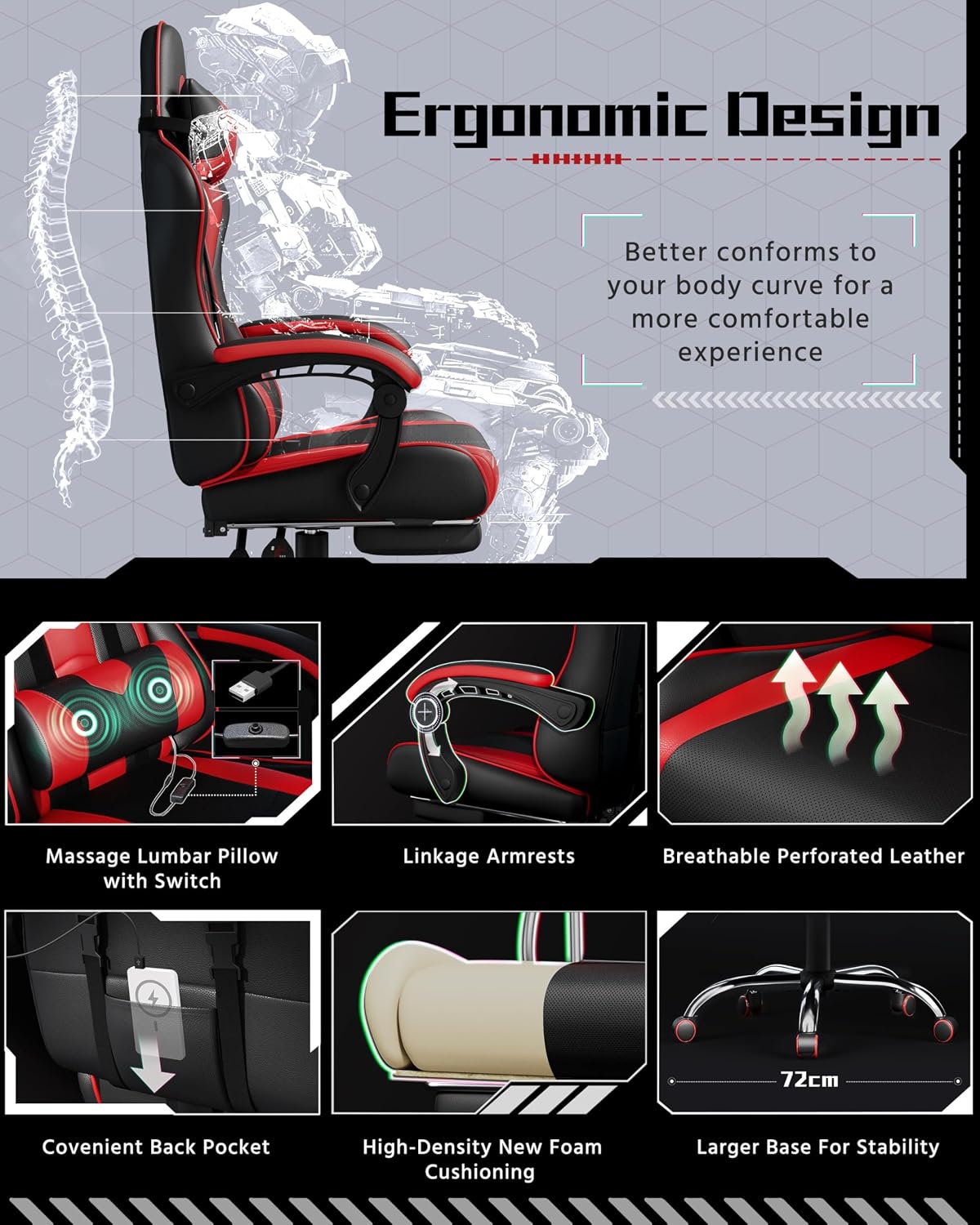 Yaheetech ergonomische gamingstoel - Voetensteun en massagekussen - Zwart/rood