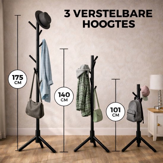 Bayt Kapstok - Staande kapstok - Kapstok Hout - Kapstok Staand - Garderoberek - 8 Haken - 175 cm - Zwart