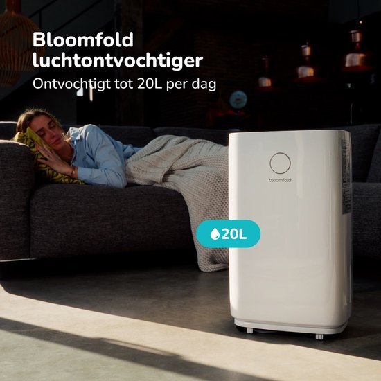 Bloomfold Luchtontvochtiger - 20L per Dag - Incl. Was-droog Functie - Geschikt voor Woonkamer, Slaapkamer, Kelder & Badkamer - Dehumidifier - Wit
