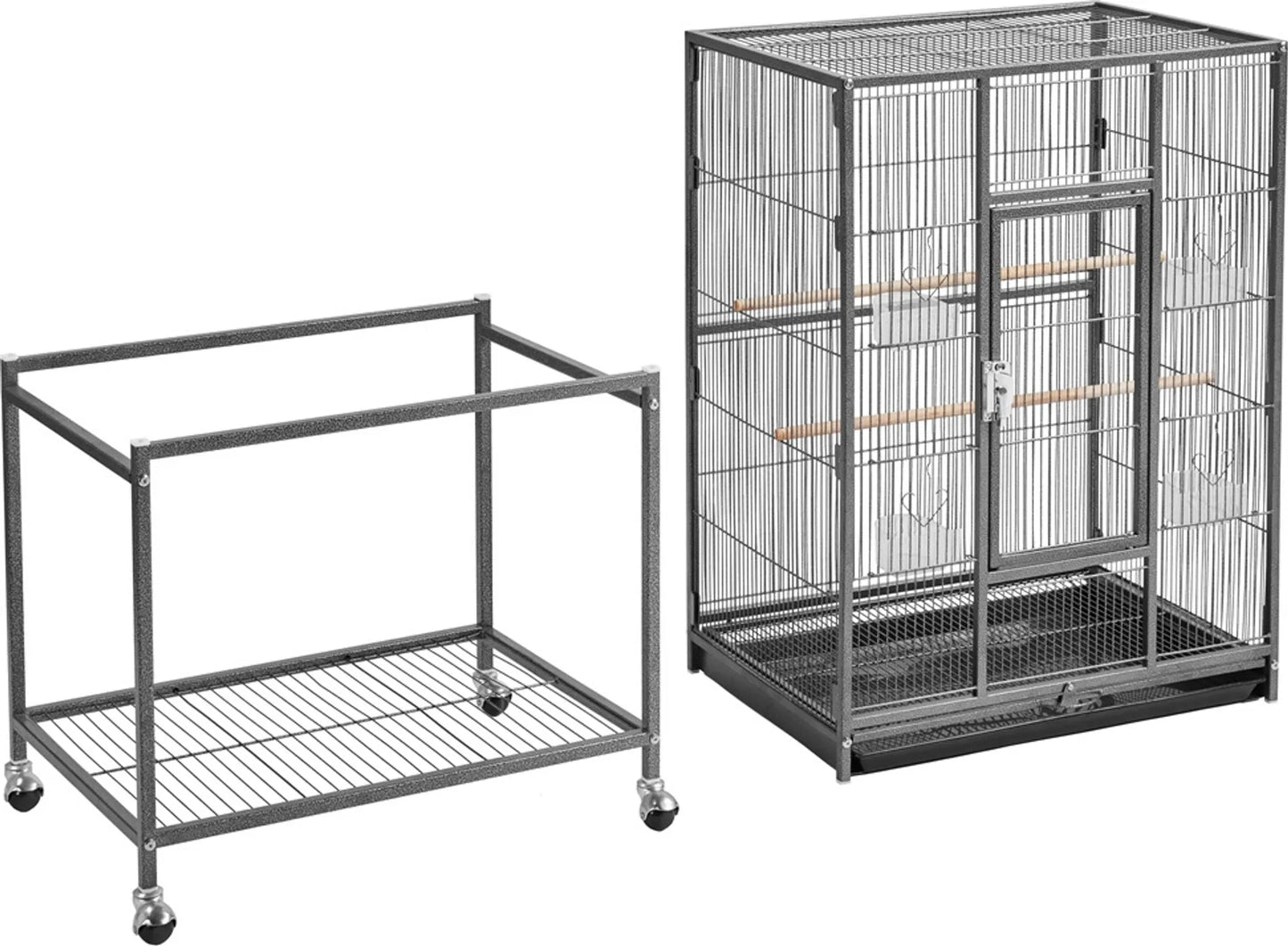 Yaheetech Vogelkooi Met Verrijdbaar Onderstel – Voorzien Van Uitneembare Lade En Extra Opbergplank En 4 Voerbakjes – Voor Parkieten Vinken En Kanaries – Zwart Gepoedercoat Metaal – 61 x 43 x 136 cm