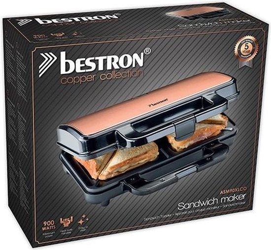 Bestron Tosti apparaat - ASM90XLCO - 900W - Voor 2 tosti's - Anti aanbaklaag - Koper - 5 jaar garantie