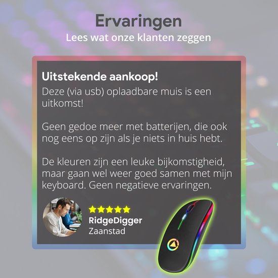 Techvavo® Draadloze Muis Laptop - Computermuis - Oplaadbare Muis - LED Verlichting - Stille Draadloze Muis - Geschikt voor Gaming - Zwart