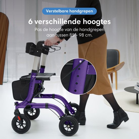 Safe Life® Rollator lichtgewicht en opvouwbaar - Rubberen wielen - zitfunctie - voor binnen en buiten - Rugleuning en wandelstok houder - Paars