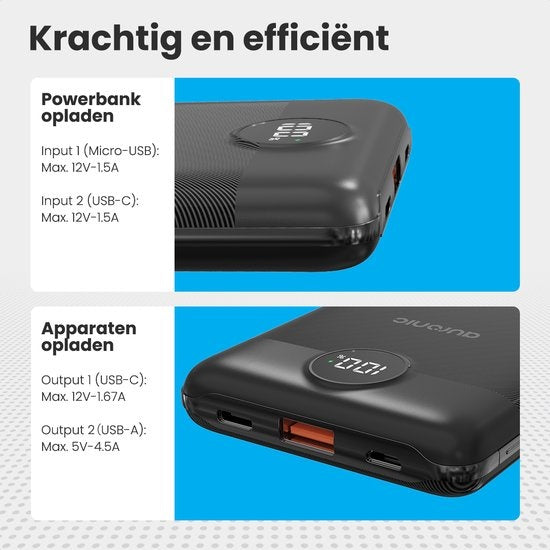 Auronic Powerbank - Geschikt voor iPhone 12/13/14/15 en Samsung S21/S22/S23 - 10.000 mAh - 22.5W - 2 Oplaadpoorten - Snelladen via USB-A en USB-C - Zwart