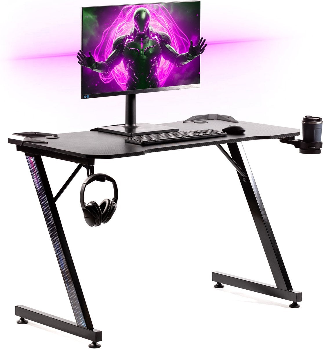 Gadgy Game Bureau Carbon - Gaming Bureau 110 CM Breed - Gaming Desk met Carbon Details - Gaming Tafel met Koptelefoonhouder, bekerhouder & kabeltunnel - Level Up Gamen met Gadgy - Zwart Carbon