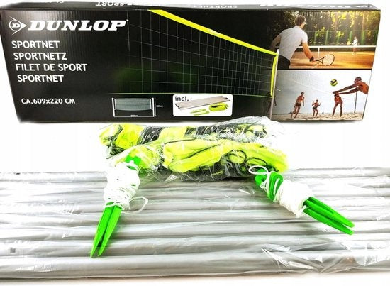 Dunlop Sportnet 609 x 220 CM - Volleybalnet - Tennisnet - Badmintonnet - Complete Set met Stokken, Net, Grondpinnen en Spanner Touwen - Multifunctioneel Inzetbaar - Groen/Zwart