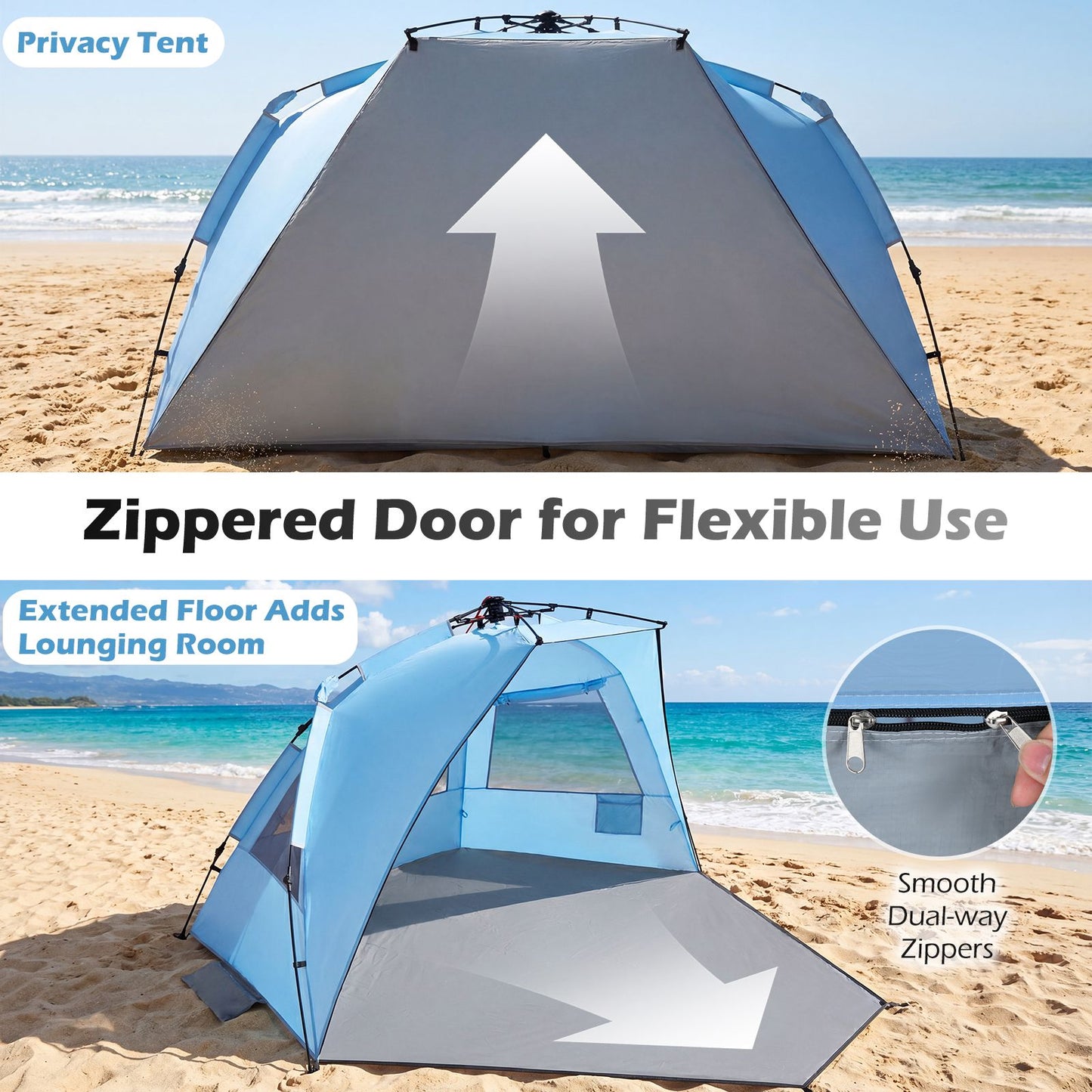 Coast Pop-up Strandtent 3-4 Personen - Grijs/Blauw - 278 x 140 x 142 cm - Incl. Draagtas, Haringen en Zandzakken