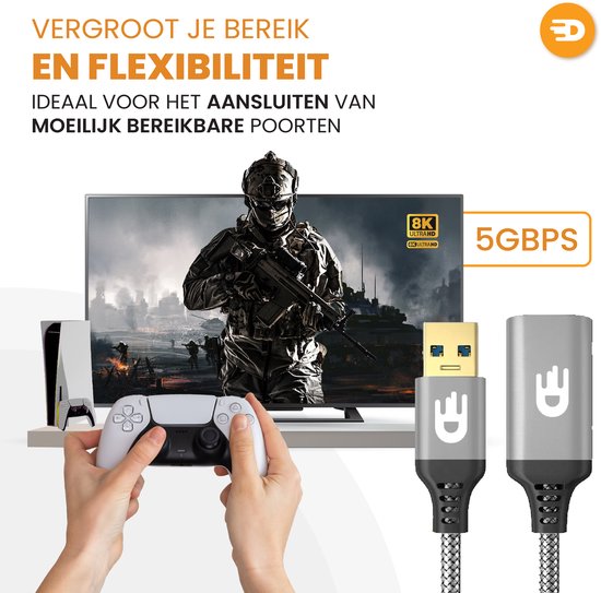 Drivv. Premium USB Verlengkabel 3.0 - Mannelijk naar Vrouwelijk - USB Data Kabel - Snelle Overdracht - 5Gbps - Nylon - 3 Meter - Grijs