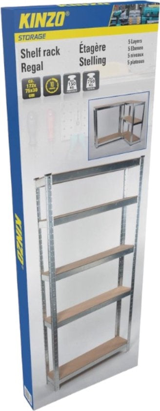 Kinzo - Stellingkast (Heavy Duty) - 5 MDF Planken, Max. 750 kg, Montage Zonder Schroeven - 172 x 75 x 30 cm - Metaal/MDF - Grijs/Bruin