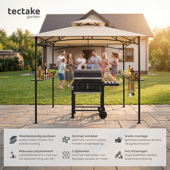 tectake® Barbecue Paviljoen - BBQ Overkapping - 240 x 150 x 250 cm - Tuinpaviljoen - Weerbestendig - UV-Bescherming - Dubbel Daksysteem - Gazebo met Ophanghaken, Roosterplanken en Flesopener - Grillpaviljoen - Zandkleur