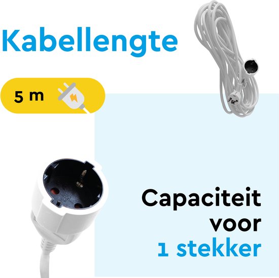 BRASQ Verlengsnoer 5 meter Wit - Verlengkabel met randaarde - Verlengkabel voor binnen