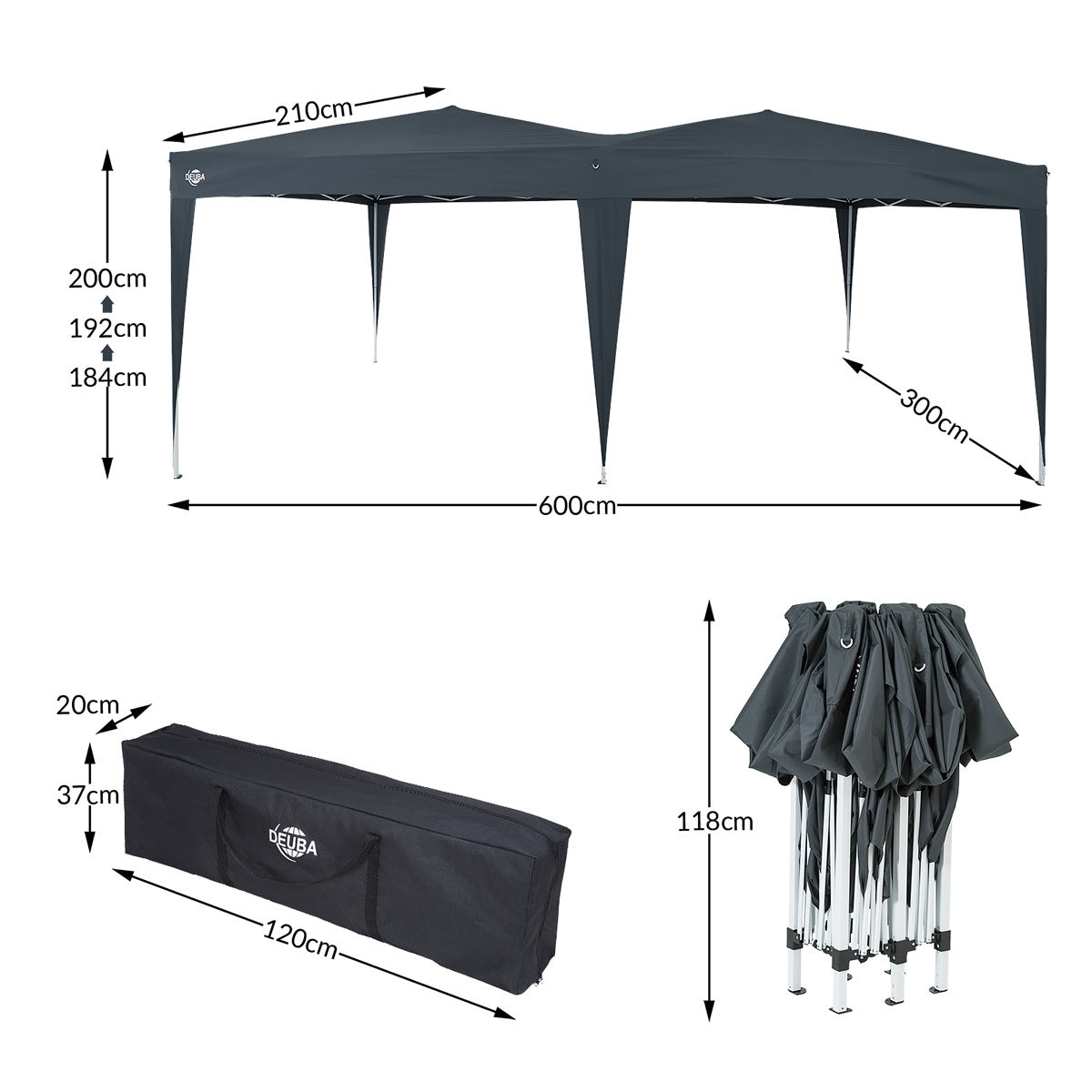 Deuba Partytent - Paviljoen - EasyUp - Opvouwbaar - Waterdicht - Met Draagtas - 300 x 600 cm - Antraciet