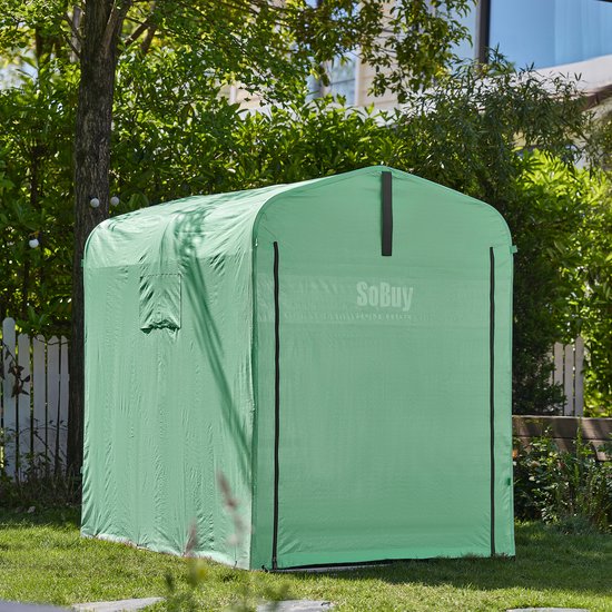 SoBuy KLS11-GR Tuinschuur, tuinhuis voor buiten, waterdicht, motorhuis met haken, garage voor fiets en gereedschap, fietsschuur, opslag en opslag, groen, 120 x 176 x 163 cm