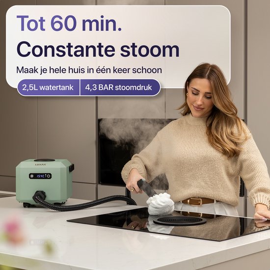 LUMAN Stoomreiniger MAX – 2600W - 60 min Stoomtijd - 2.5L Watertank – Handstoomreiniger & Tapijtreiniger - Groen