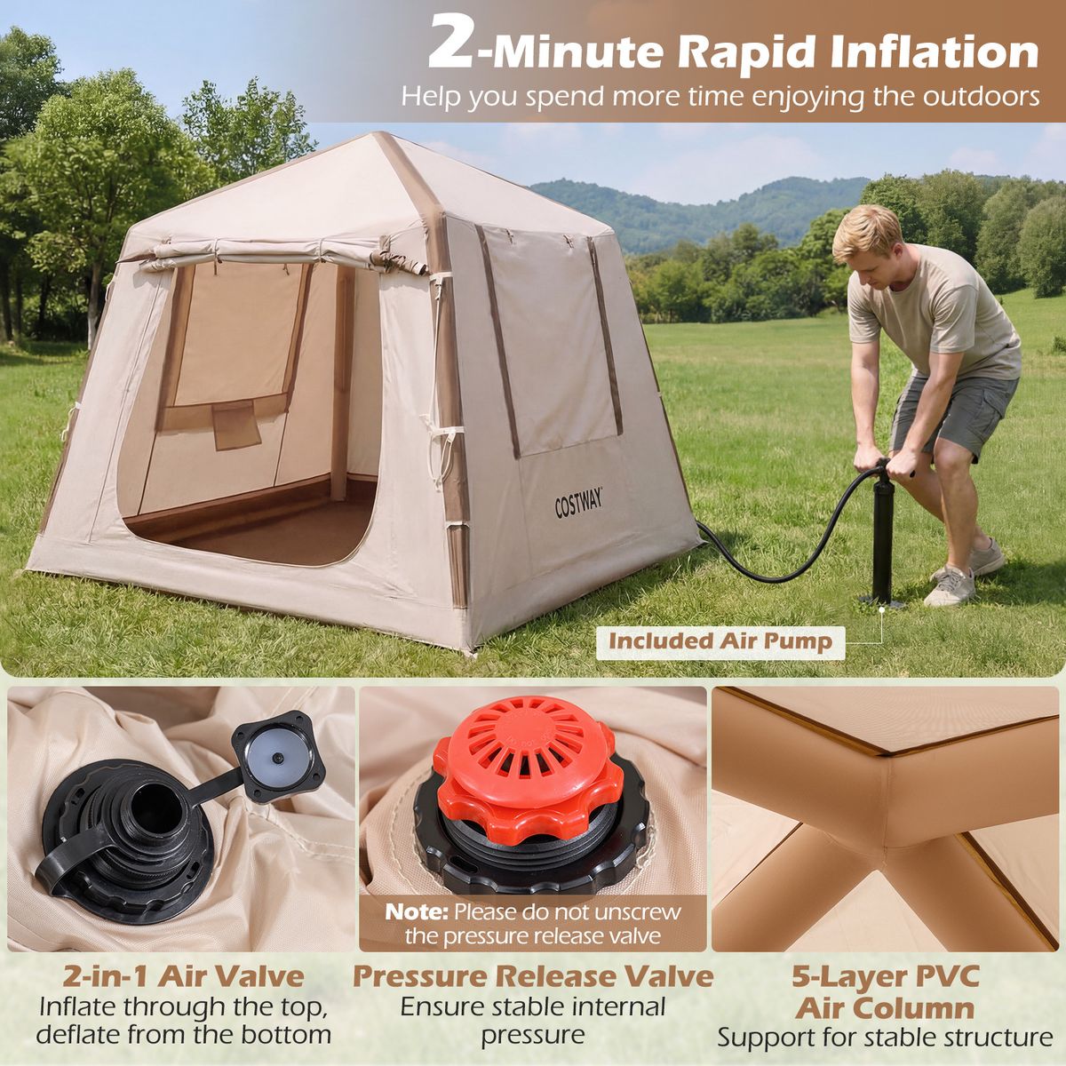 Coast Opblaasbare Campingtent - 2 tot 4 personen - Inclusief pomp en draagtas - Khaki - 210 x 210 x 180 cm