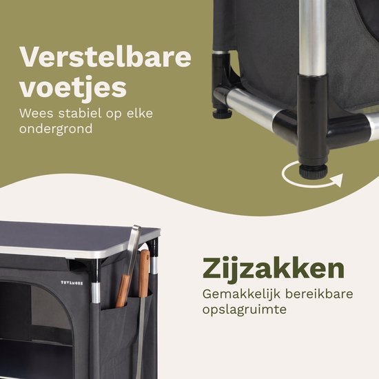 TRVLMORE Campingkast - Campingkeuken - 70KG Draagvermogen - Aluminium Frame - Inklapbaar - Incl. Draagtas - 50x60x72CM - Grijs