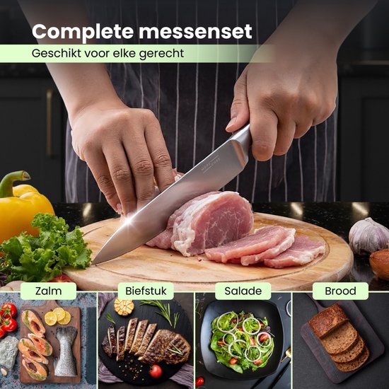 MoreCore Messenset met Blok en Messenslijper - Messenblok - Keukenmessen - Inclusief Keukenschaar - Koksmes - Krasbestendige - RVS - Zilverkleurig/Zwart - Vaderdag Cadeau