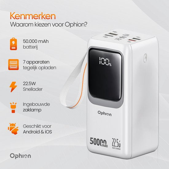 Ophion® Powerbank PRO 50.000 mAh – 7 Oplaadpoorten – Quick charge - Snellader 22.5 W voor USB-C, USB-A, Micro-USB - Inclusief Kabel – Noodpakket - Wit