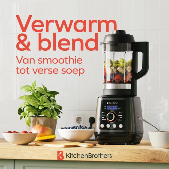 KitchenBrothers Blender - Thermoblender - 1.75L - Kookfunctie - 700+1000W - Smoothie Maker - IJscrusher - Zwart