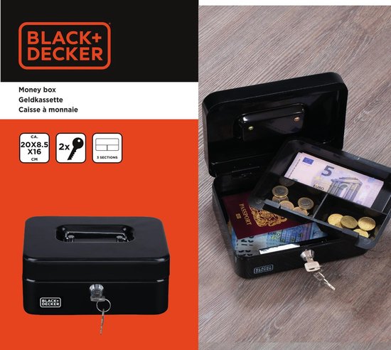 Black & Decker Geldkistje met 2 sleutels - zwart - staal - muntbakje - 20 x 16 x 9 cm - inbraakbeveiliging kluisje