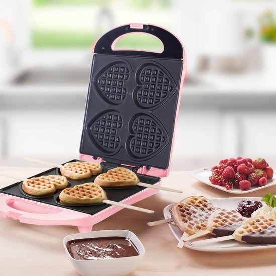 Bestron Wafelijzer - DSW271P - 1400W - 4 mini hartvormige wafels - Incl.20 houten stokjes - Roze