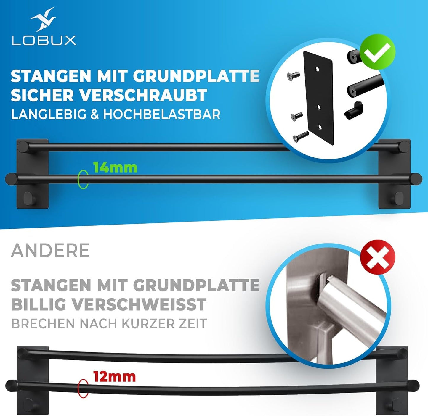 LOBUX® - Handdoekstang zonder boren zwart - 60cm, roestvrij staal - Handdoekstang badkamer dubbel, zelfklevend - Handdoekstang, handdoekstang met 2 handdoekhaken - Badkamer, douchewand, keuken