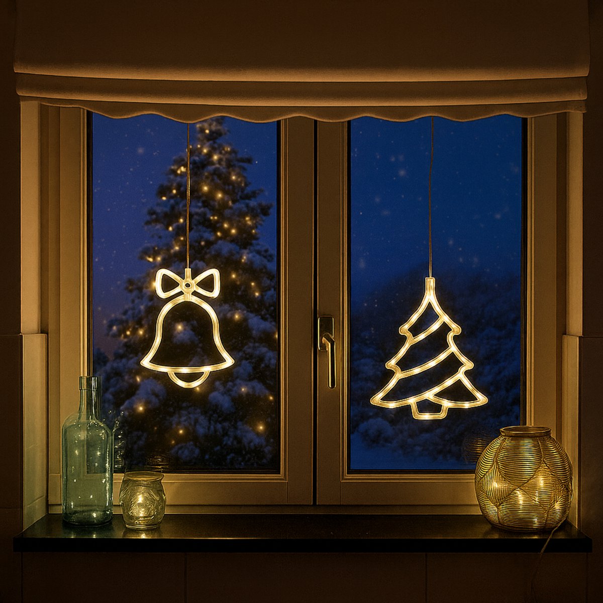 Giftmas LED Hangdecoratie Kerstbel & Kerstboom Warm Wit 14x18,3 cm - Op Batterijen - Raamdecoratie Voor Binnen