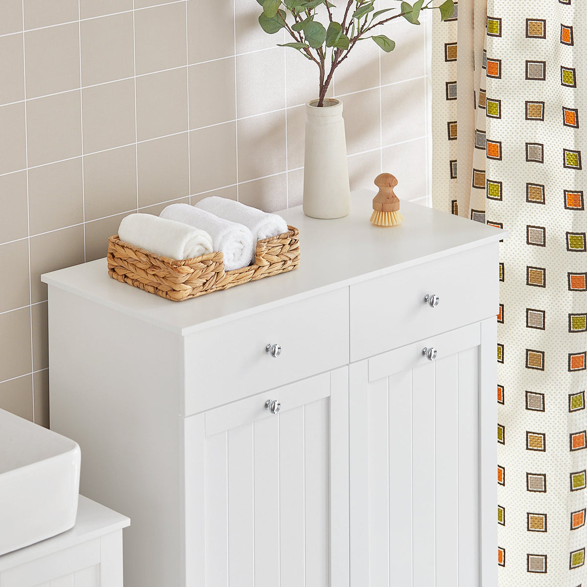 SoBuy BZR33-II-W Badkamerkast Met 2 Lades - 2 Verwijderbare Wasmanden – Modern Design – Wit – 78x38x90 cm
