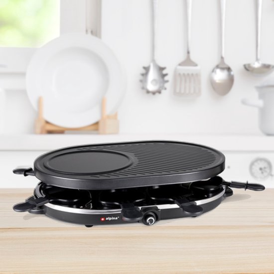 alpina Gourmetstel 8 Personen - Gourmetset - Bakplaat met Pannetjes en Spatels - Raclette Grill voor Gourmetten - 1200W