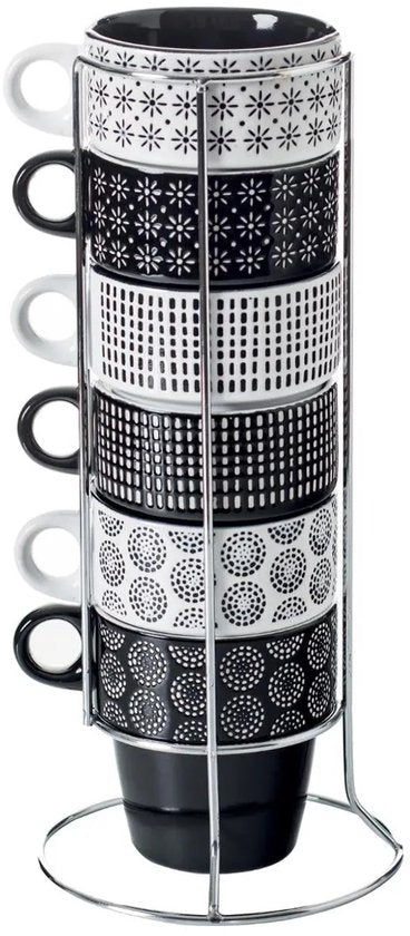 Secret de Gourmet Koffie mokken/bekers Artista - 6x stuks in metalen rekje - Keramiek - glans afwerking - 260 ml - 8 x 9 cm