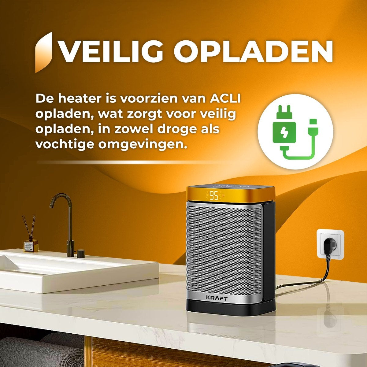KRAFT Elektrische Kachel - Keramische Ventilatorkachel - Heater - Terrasverwarmer - Verwarming Electrisch - 1500W - 70° Draaifunctie