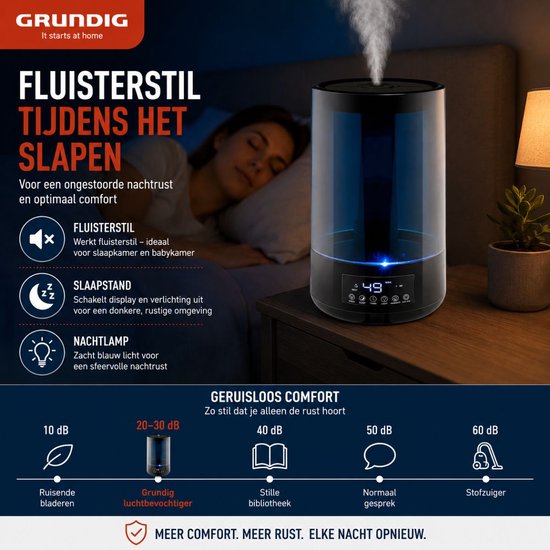 Grundig Luchtbevochtiger HD-1903A - Ultrasone Lucht Bevochtiger 4,3L - met Timer en Nachtlamp - Incl. Afstandsbediening - Zwart