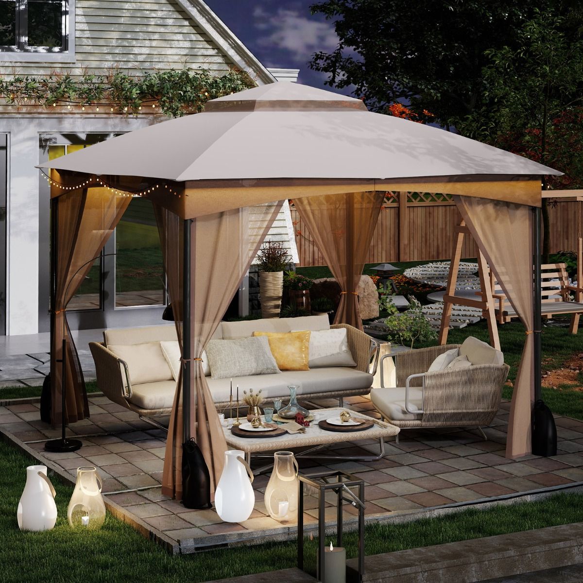 Coast Tuinpaviljoen - dubbel dak - muggennet en zandzakken - khaki 3 x 3 m