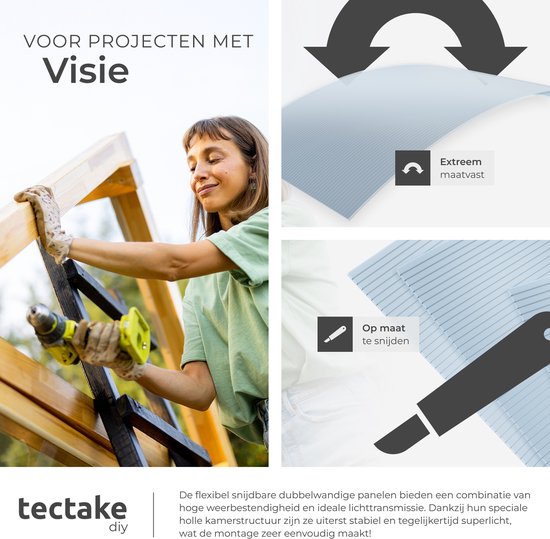 tectake® - Set van 10 Polycarbonaat Platen - Stevige lichtdoorlatende, UV-Bestendige dubbelwandige platen - 121 x 60,5 cm - 7,32m² totaal - Transparant - Broeikas plaat - 6mm dik