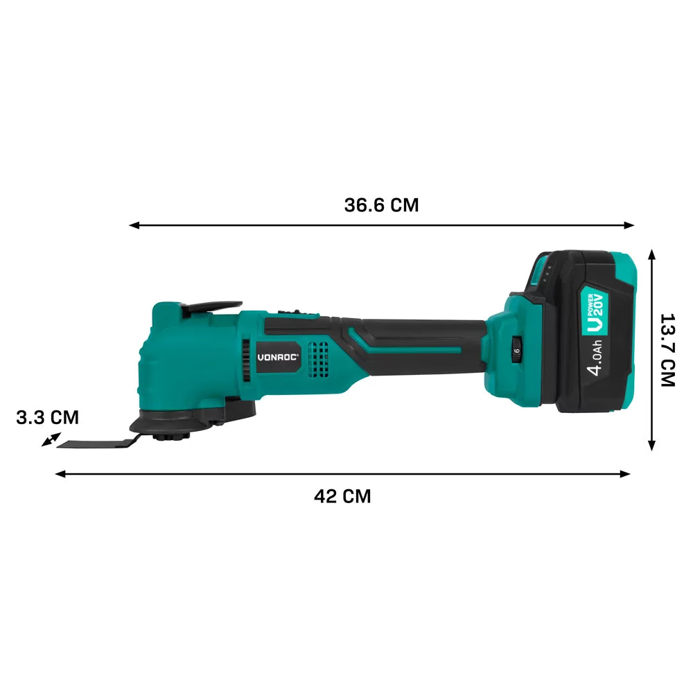 VONROC Accu Multitool 20V - met schraapmes, invalzaagblad, schuurzool en schuurpapier - 6 snelheden: 7.000 - 19.000 rpm - Incl. 4.0Ah accu en snellader