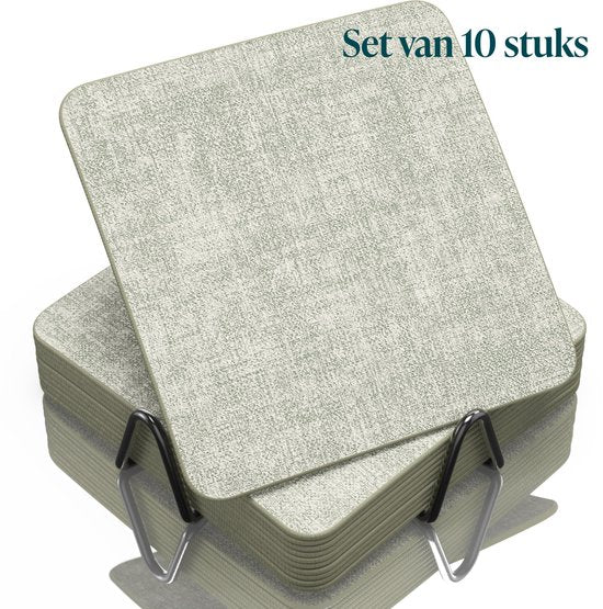 Castagnola Kunstlederen Onderzetters – Onderzetters voor Glazen – Design Onderzetters met Houder – Leren Onderzettersset met metalen houder – Leder – Set van 10 - Gemêleerd Groen - 10x10cm
