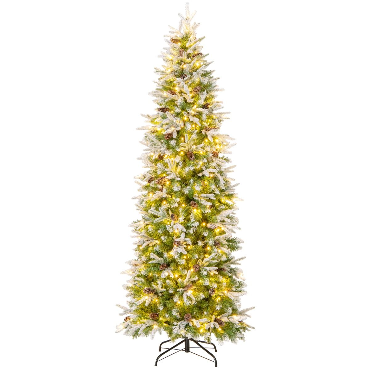 Coast Kunstkerstboom 225 cm Groen/Wit – Voorverlicht met Warmwitte LED – Scharnierconstructie – 913 Takken – Met Sneeuw en Dennenappels