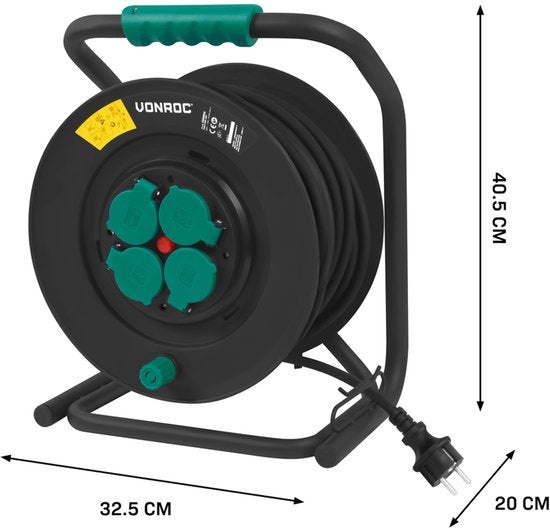 VONROC PRO Kabelhaspel 50m – IP44 – Neopreenkabel H07RN-F 3x1,5 mm² – 4 geaarde Schuko stopcontacten – 3000W (uitgerold)/1100W (opgerold) – Vaste kern – Thermische beveiliging