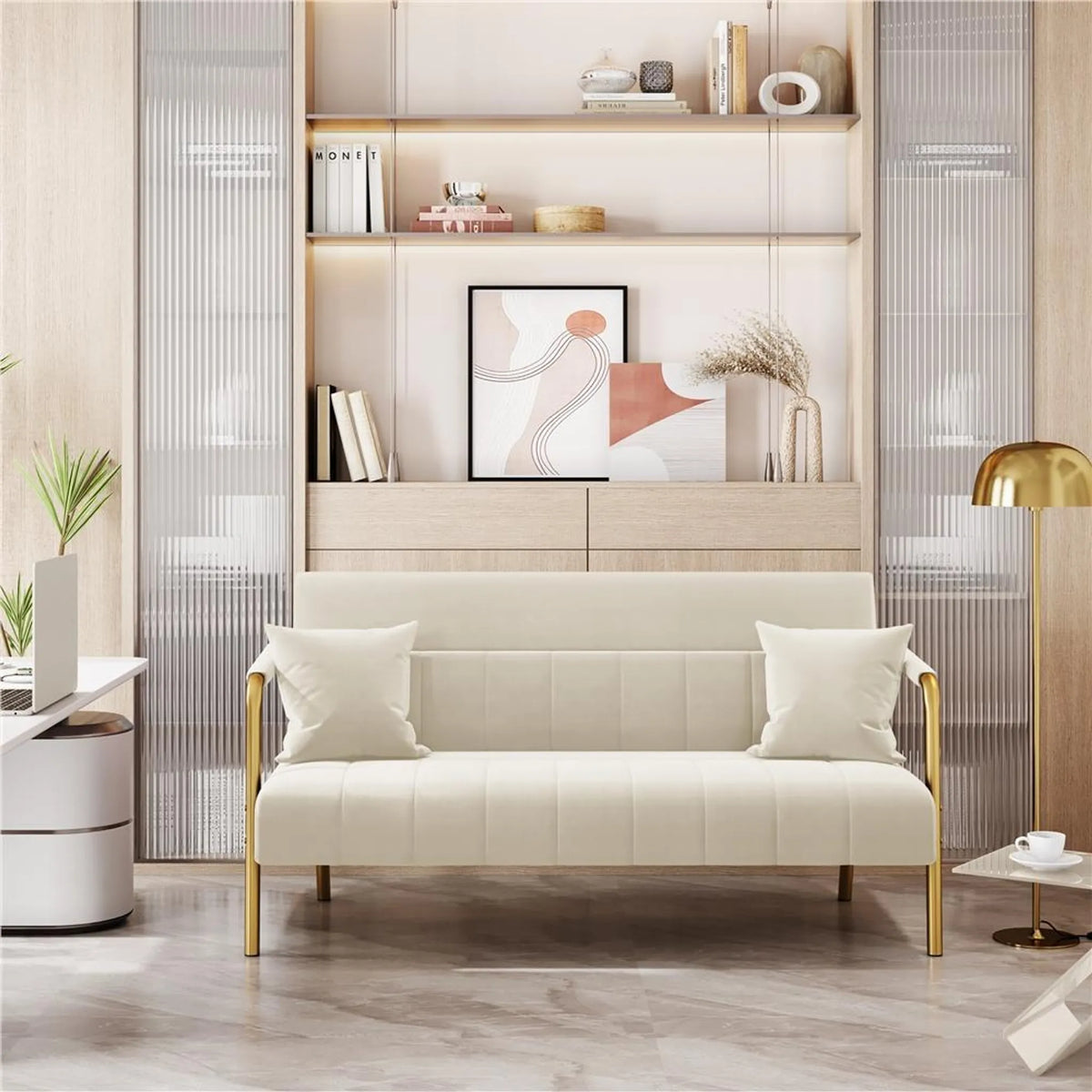 2-zits Gestoffeerde Bank met Armleuningen en Metalen Poten Beige 143,5 × 71,5 × 75,5 cm