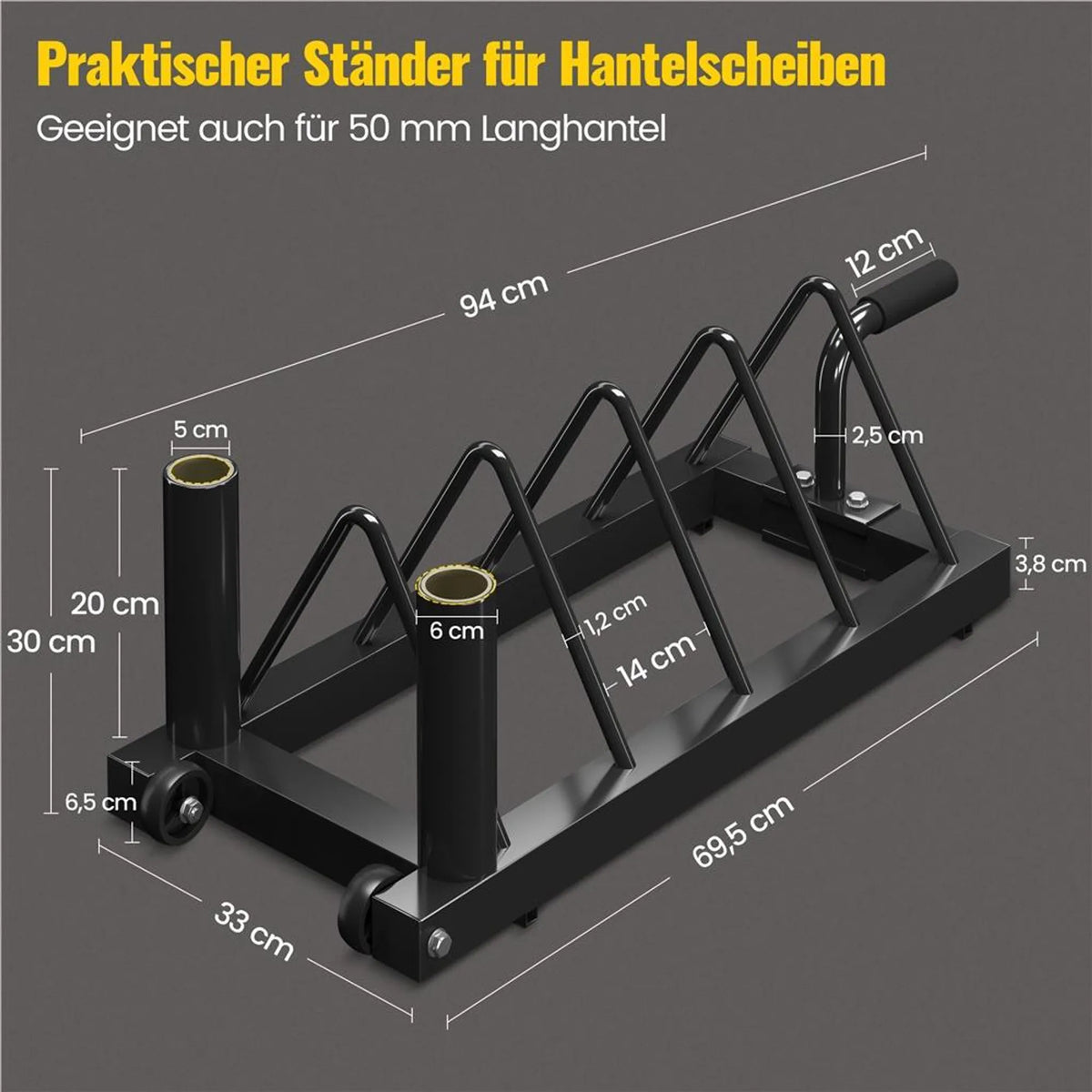 Yaheetech Halterrek Voor Halterschijven En Stangen – Voorzien Van 4 Opbergvakken En 2 Halterhouders En Transportwielen – Voor Olympische Halterstangen En Gewichten – Zwart Metaal – 94 x 33 x 30 cm