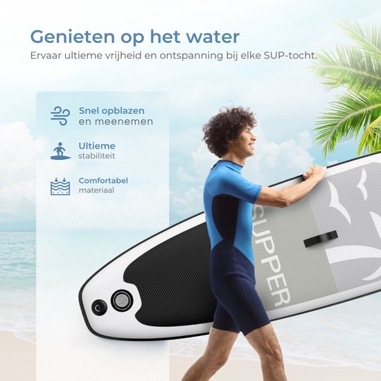Supper Sup Board - Max. 120KG - Opblaasbaar – Paddle Board – Pomp – Vin – Leash – Draagtas – 285 x 76 cm - Zwart