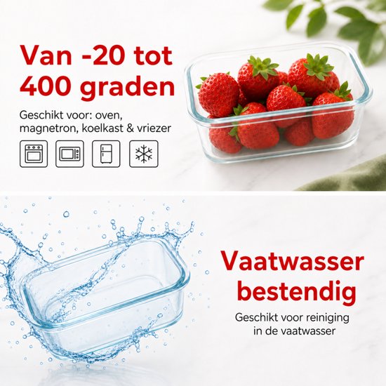 Organess Meal prep bakjes - Vershoudbakjes - Diepvriesbakjes - 8 Delige set - BPA vrij - Glas - BPA vrije deksel