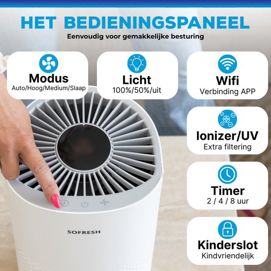 Sofresh – Luchtreiniger Met App – Voor Ruimtes Tot 30 m² & 6-in-1 Filtersysteem – Voorzien Van Hepa-filter En Luchtkwaliteitsindicator – 195 x 195 x 388 mm – Wit Kunststof
