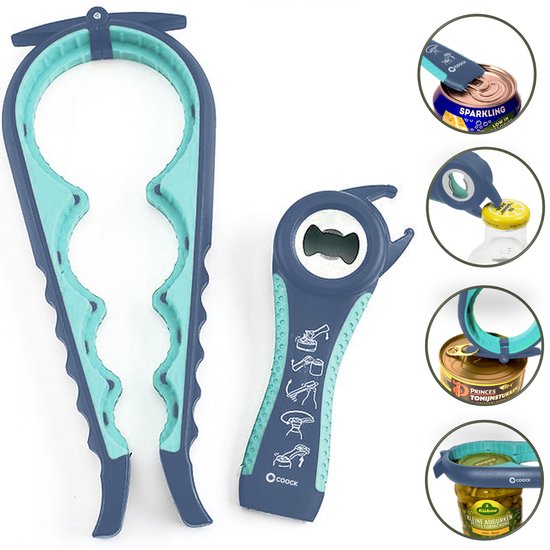COOCK - Allesopener - Multifunctionele Opener - 7-in-1 Potopener - Keuken Hulp - Flesopener - Bieropener - XL Dekselopener voor potten - Pottenopener - Hulpmiddelen voor Ouderen - Blauw
