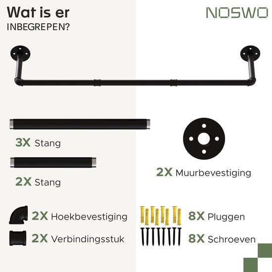 Noswo Kledingstang voor aan de Muur - 112 x 23.6 CM – Zwart